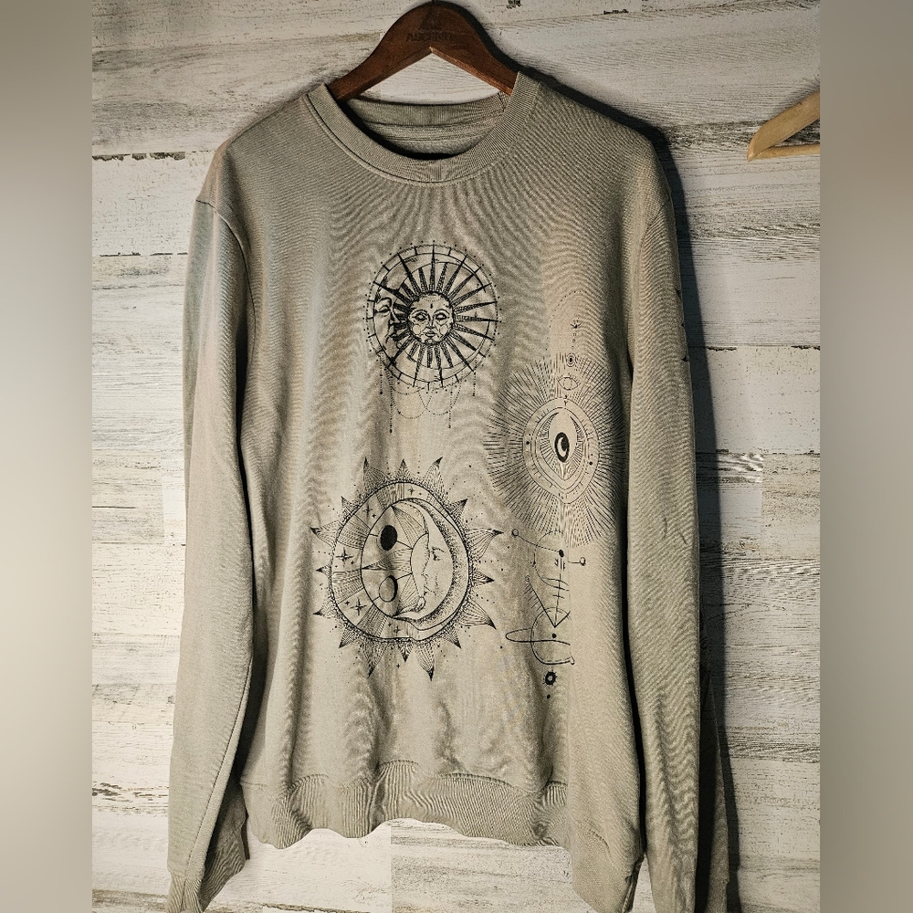 Blind Rooster Mens Celestial Sun Moon Stars Sweatshirt Olive Green XL